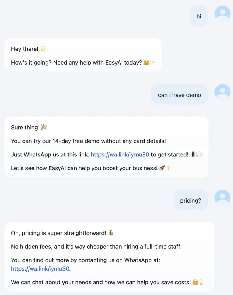 EasyAI chatbot's chat